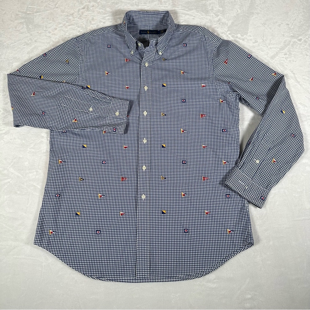 Ralph Lauren Shirt Men Size L Embroidered Flag Check Long Sleeve 100% Cotton EUC